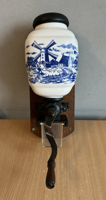 Vintage Delft Keramik & Holz Wandmontage manuelle Kaffeemühle