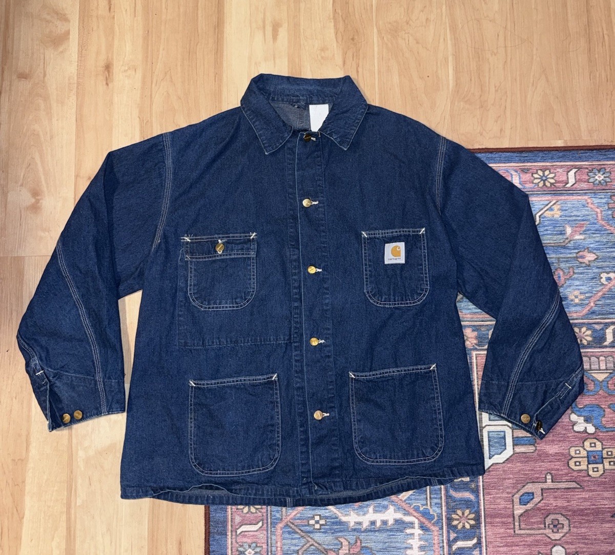 Vintage 80s Carhartt Blue Denim Chore Jacket Coat Mens XL XXL Union Made In USA