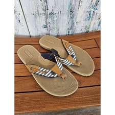 Sperry Seafish Flip Flop 7.5M Tan Blue Nautical Striped Leather Thong Sandals