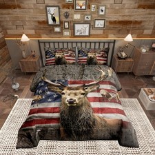 American Flag Deer Comforter Set Queen Size Brown Wildlife Animal And Trees Them