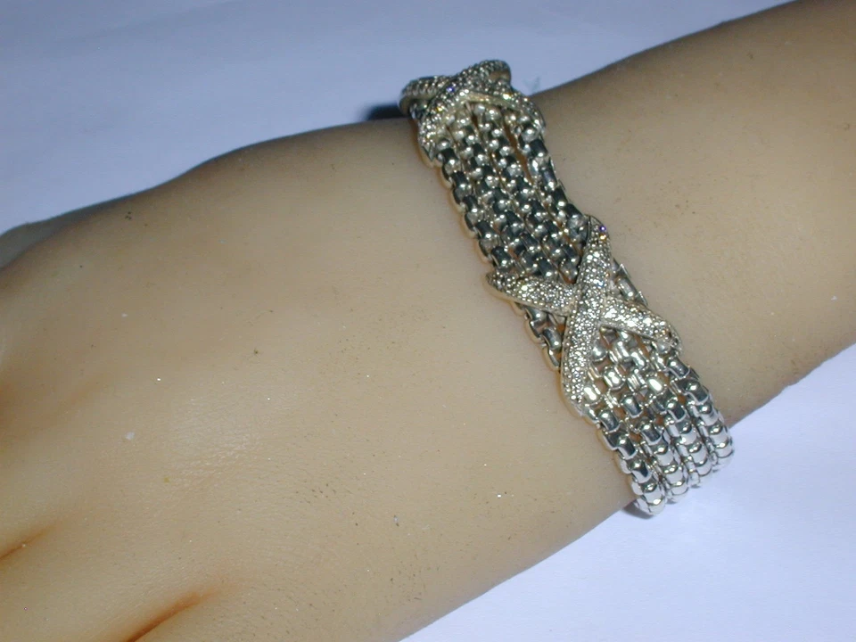 David Yurman 钻石双 X 纯银盒链手链 - 6 1/2 英寸长 - 0.61 TCW! — 第 4/4 张图片