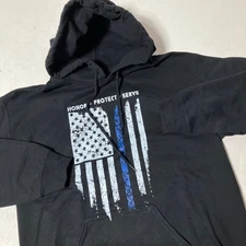 Blue Line American Flag Honor Serve Protect Hoodie Hooded Sweatshirt Men Size Sm