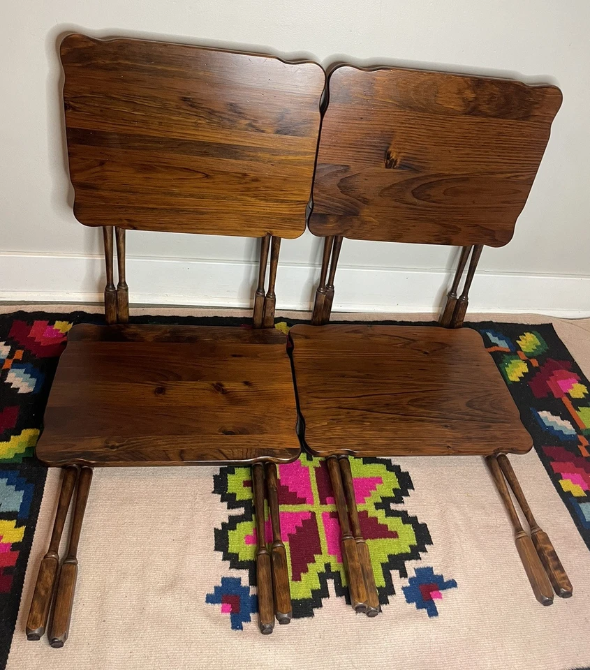 ETHAN ALLEN Antiqued Pine Old Tavern Folding TV Trays & Stand Set Fast Shipping - Image 4 of 4