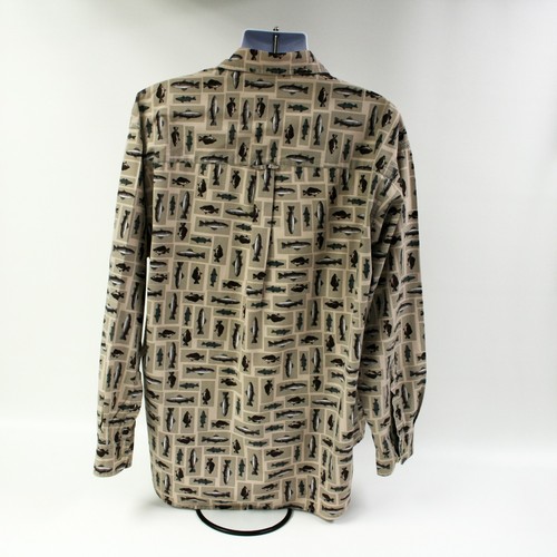 Columbia Brown Beige Fish Print Cotton Casual Shirt XXL Cotton Long Sleeve Party - Picture 3 of 9