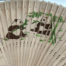 Wood Folding Fan Panda Bear Motif w/ Box 9 1/4 VTG Double Sided