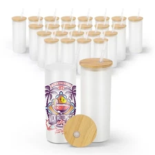USA Warehouse 25oz Sublimation Glass Cups Frosted Blanks Beer Can w/ Bamboo Lids