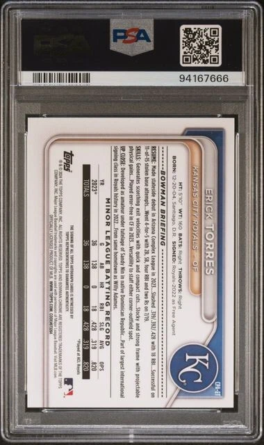 Erick Torres 2024 1st Bowman Chrome Prospect Speckle CPA-ET /299 Auto KC PSA 10 - Image 2 of 4