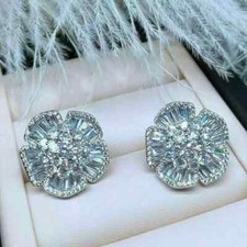 3Ct Lab Created VVS1/D Diamond Cluster Flower Stud Earrings 14K White Gold Over