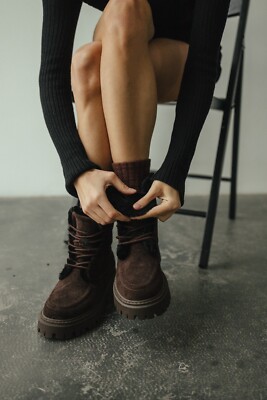 Women's Brown Suede Boots Sheepskin Lining Dark Brown Suede Platform High Top Bo