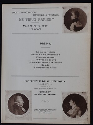 Menü 15. Februar 1927 LE VIEUX PAPER Archäologischer Staat 173. Abendessen