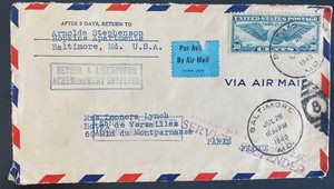 1940 Baltimore MD Usa Airmail Cover To Paris France Service Suspended Due To War