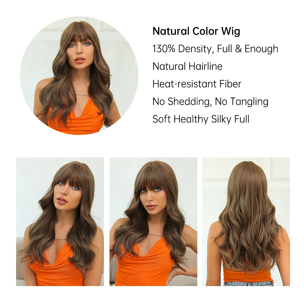 US Long Body Wavy Chestnut Brown Wig with Bangs Natural Hair  display picture 2