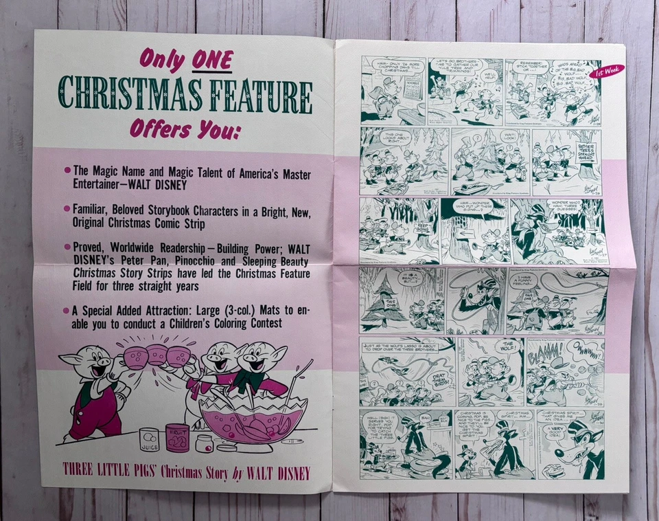 Disney 3 Little Pigs 1963 historia de Navidad periódico promoción folleto desplegable Foto 4 de 4