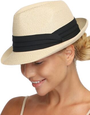 Women\'s Straw Hat Foldable Straw Fedora Hat Amazon.com: Womens Foldable Straw Hat Wide Brim Fedora Beach  main image 4
