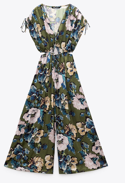ZARA NEW WOMAN LONG FLORAL PRINT JUMPSUIT Satin WITH CUT-OUT DETAIL M