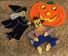 Vintage Halloween Plastic Canvas Needlepoint Finished 3 Pieces Witch Scarecrow