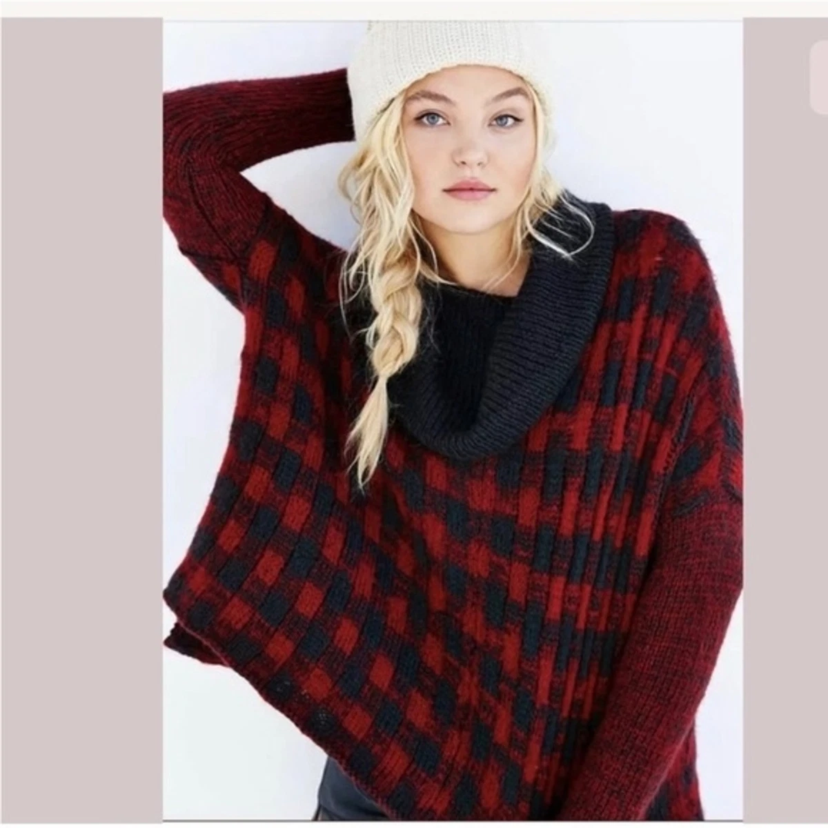 Wooden Ships Buffalo Plaid Wool Mohair Blend Cowl Neck Sweater Red Size S/M