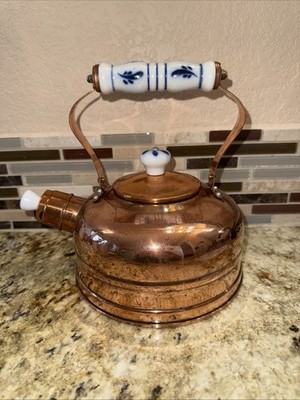 Vintage Copper Tea Pot Kettle Blue White Delft Ceramic Handle lid patina rustic