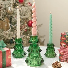  Christmas Tree Candle Holders Xmas Glass Taper Candlestick 3",4.3",5.9" Green