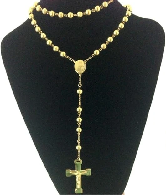Catholic 18K Yellow Gold Over Rosary Beads 24"Necklace Jesus Crucifix Medal Men - Image 3 of 4