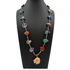 Vintage Zuni Southwestern Heishi Multistone Bear Fetish Necklace 28" Turquoise