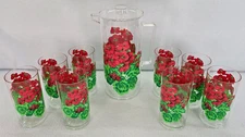 NEW Vtg Pitcher & Glasses Set Red Geranium Clear Acrylic 9 pc Cottage Core NIB