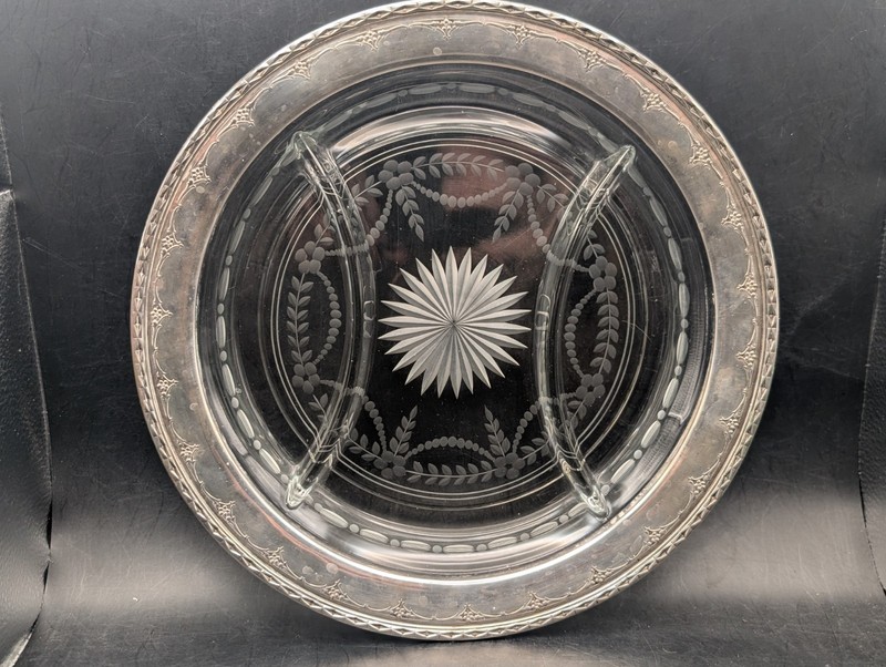 🔥 WALLACE STERLING SILVER RIM CRYSTAL CUT GLASS DIVIDED SERVING TRAY 10.5" MINT