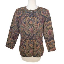 Coldwater Creek Paisley Tapestry Jacket Womens P12 Petite Beaded Boho Blazer