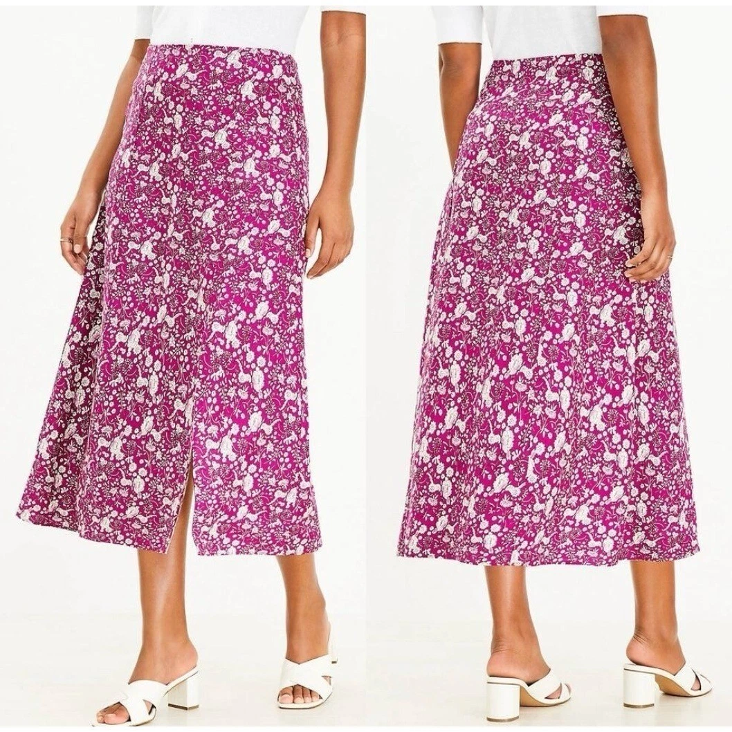 LOFT Floral Linen Blend Midi Skirt Side Slit A Line Purple Size 10 NWT Boho
