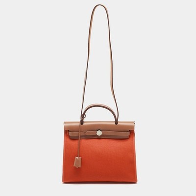 Hermes Herbag Zip 31 Orange PoppyFauve Toile and Vache Hunter Top Handle Bag