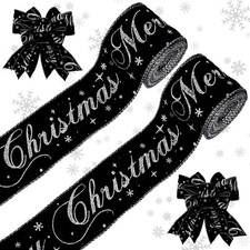 2 PCS Merry Christmas Black Silver Glitter Wired Ribbon 2.5 Inch x 20 Yards