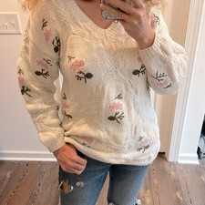 Vintage Chunky Knit Floral Embroidered Pink Sweater Size small hand knitted