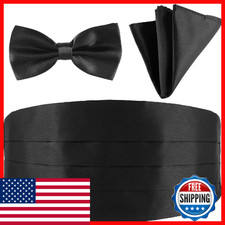 Men's Black Satin Adjustable Cummerbund, Pre-Tied Bow Tie Pocket Square Set