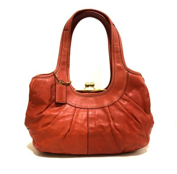 COACH VINTAGE BURNT ORANGE LEATHER PLEATED KISSLOCK FRAME TOTE BAG