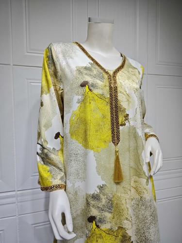 Elegant Women Dubai Jalabiya Gown Muslim Printed Dress V-neck Abaya Kaftan S-2XL - Picture 27 of 30
