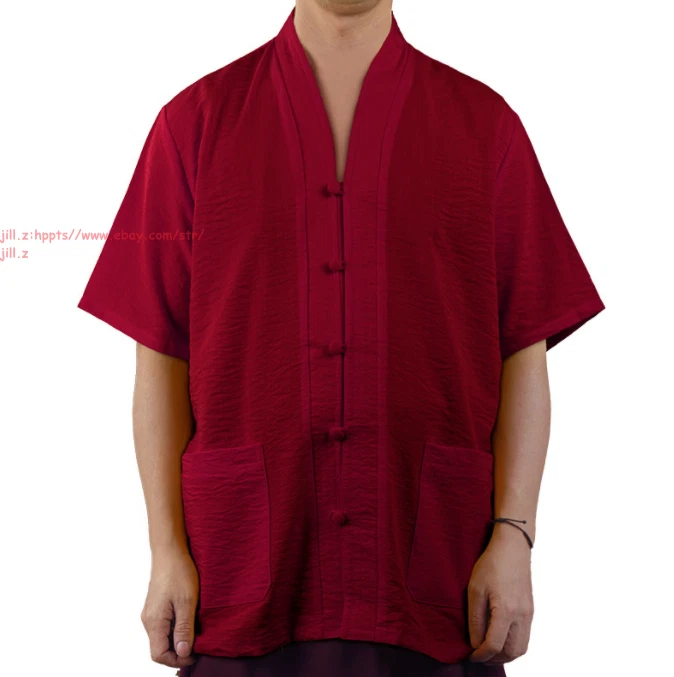 Verano Hombres Delgado Algodón Hebilla Camisas Zen Budista Monje Prendas para el torso Tang Traje Transpirable Foto 4 de 4
