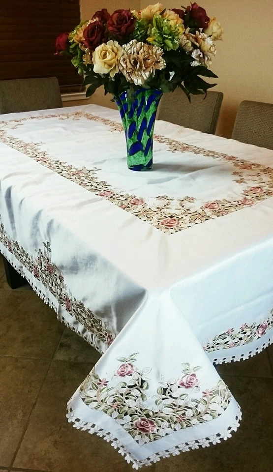 72x126 Embroidery Floral Pink Green Rose Cutwork Tablecloth Napkin Elegant Linen - Image 3 of 4