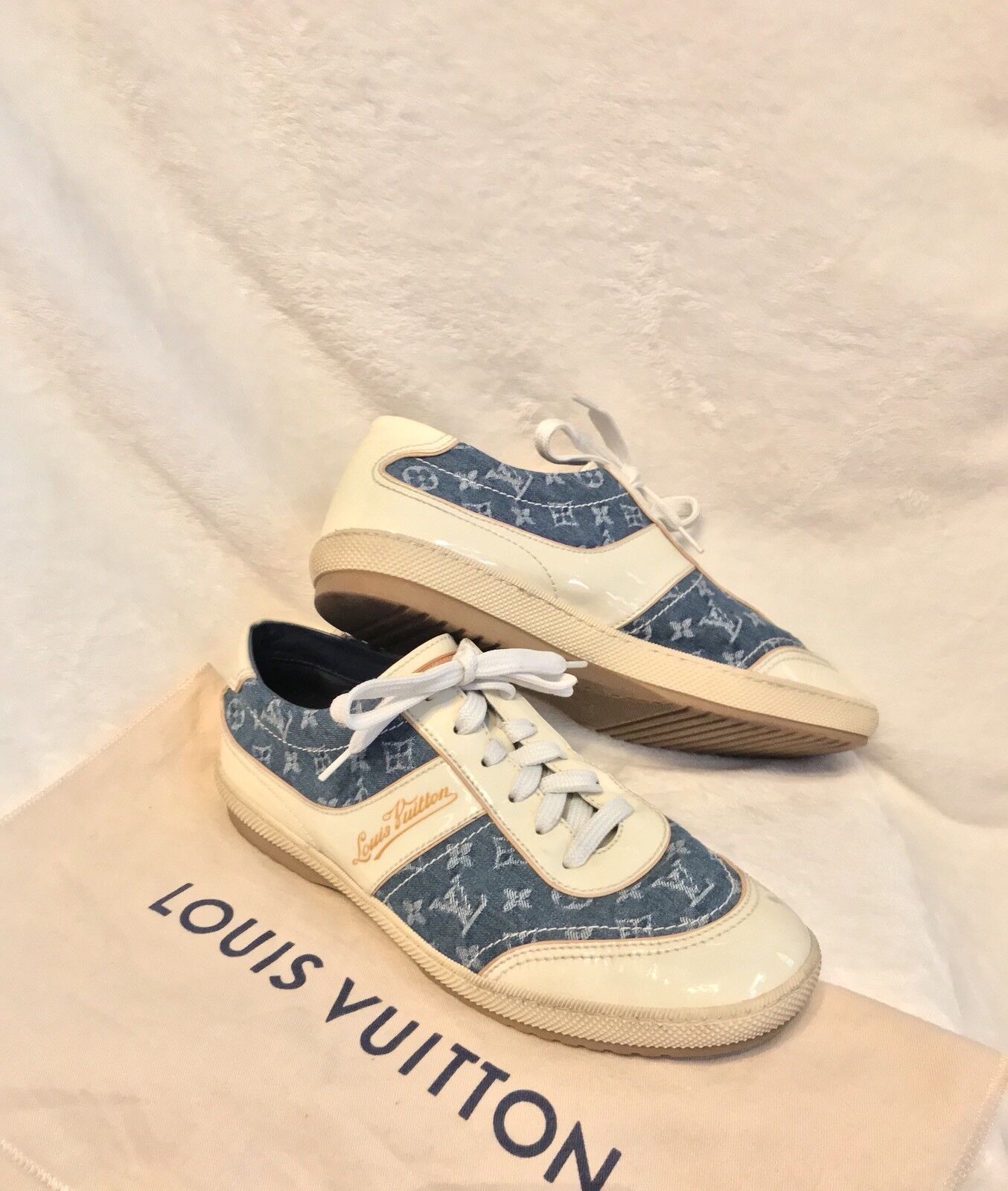 Women's Louis Vuitton Monogram Blue Denim Cream Patent Shoes Sneakers 39,  8.5, 9