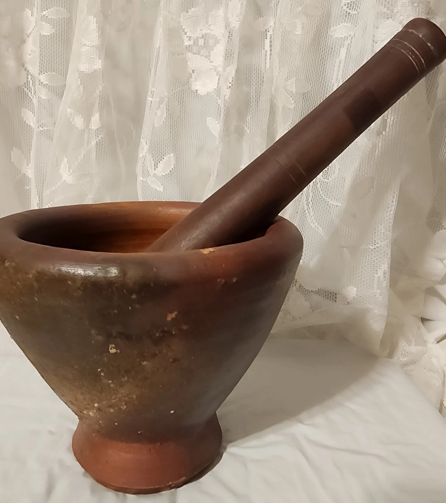 Vtg~ Large Pottery / Clay Mortar and Wooden Pestle