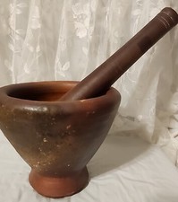 Vtg~ Large Pottery / Clay Mortar and Wooden P...
