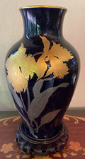 Vintage Noritake Okura Vase Cobalt Blue w/ Gold & Silver Flower Design on Stand