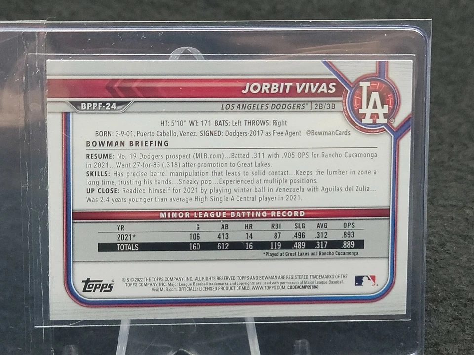 2022 BOWMAN 1ST EDITION JORBIT VIVAS DODGERS BLUE FOIL RC ROOKIE /150 #BPPF-24 - Image 2 of 3
