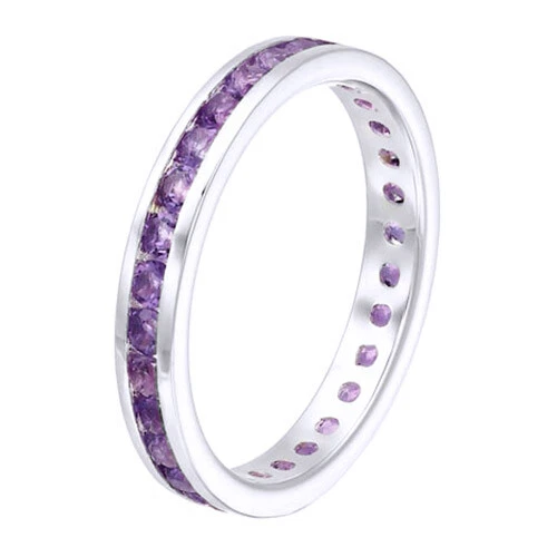 Eternity Wedding Band Ring Sterling Silver Round Cut Simulated Purple Amethyst - Image 2 of 2