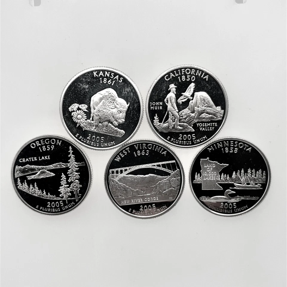 2005 S 5 Coin Year Set 50 States US Quarter 25c Gem Deep Cameo Proof 90% Silver - Image 3 of 4