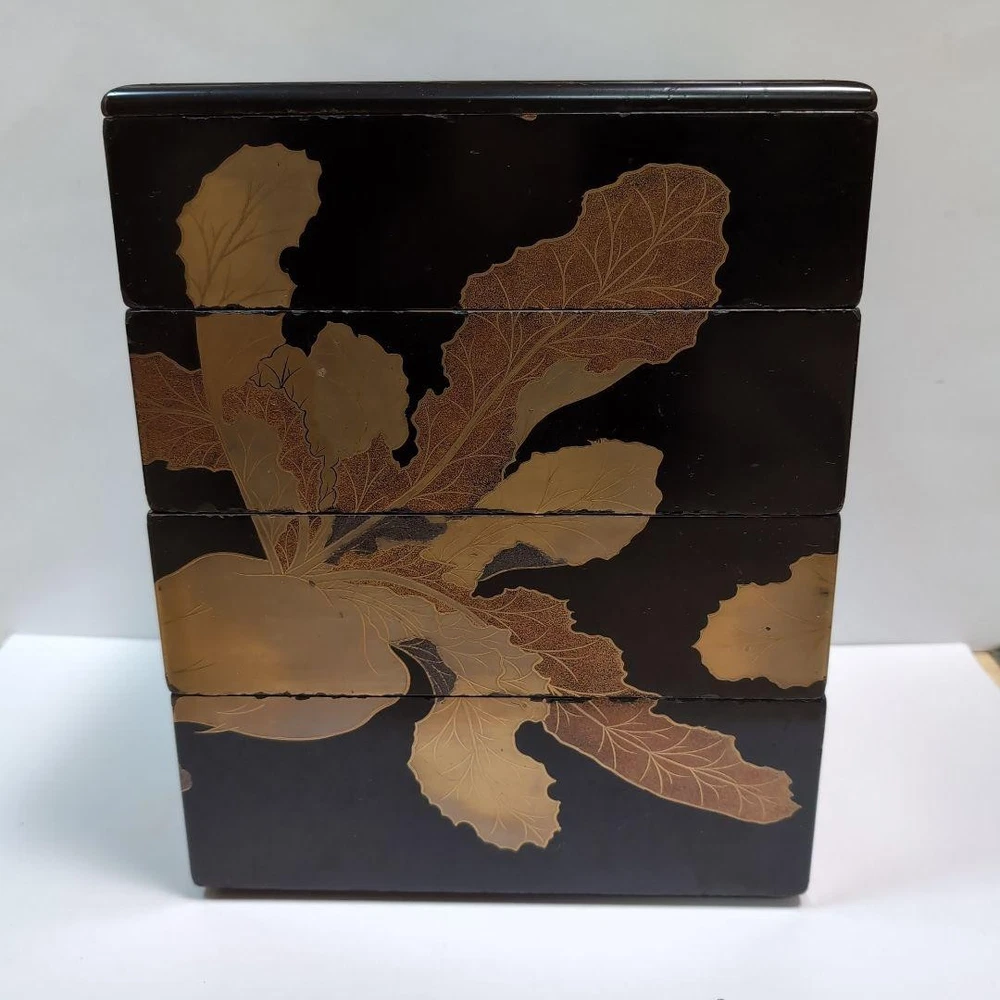 Jubako Bento Box Japanese Fourtiered makie box with illustrations of radish vege