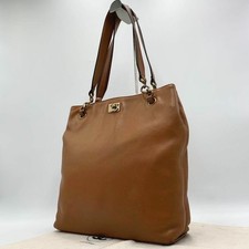 Chanel Brown Chain Tote Bag Handbag Coco Mark Turnlock Leather Used