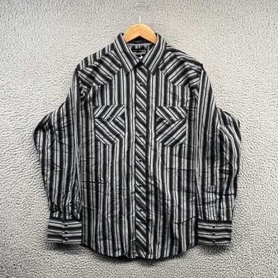 Wrangler Pearl Snap Shirt Mens Large Black Western Geometric Striped Button Up