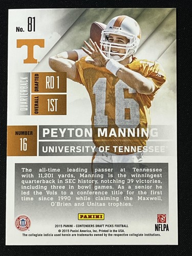 2015 Panini Contenders Draft Picks #81 Peyton Manning Tennessee Volunteers - Picture 2 of 2