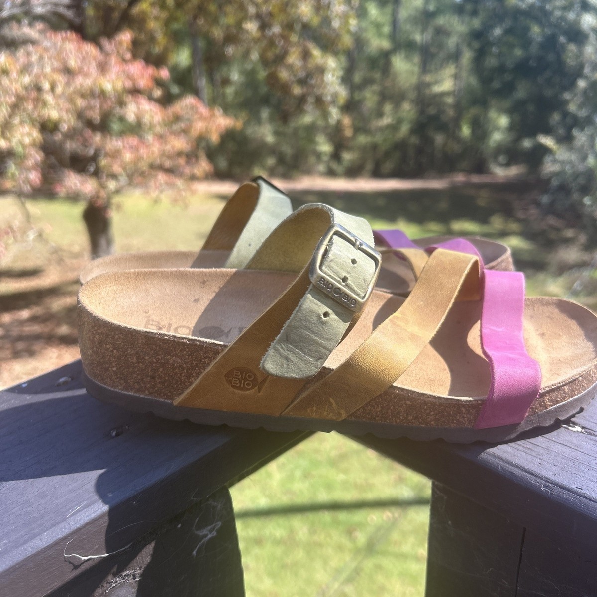Inter-Bios Leather Comfort Shoe Strappy Sandal Cork Tan Pink Yellow EU 39 Is 8