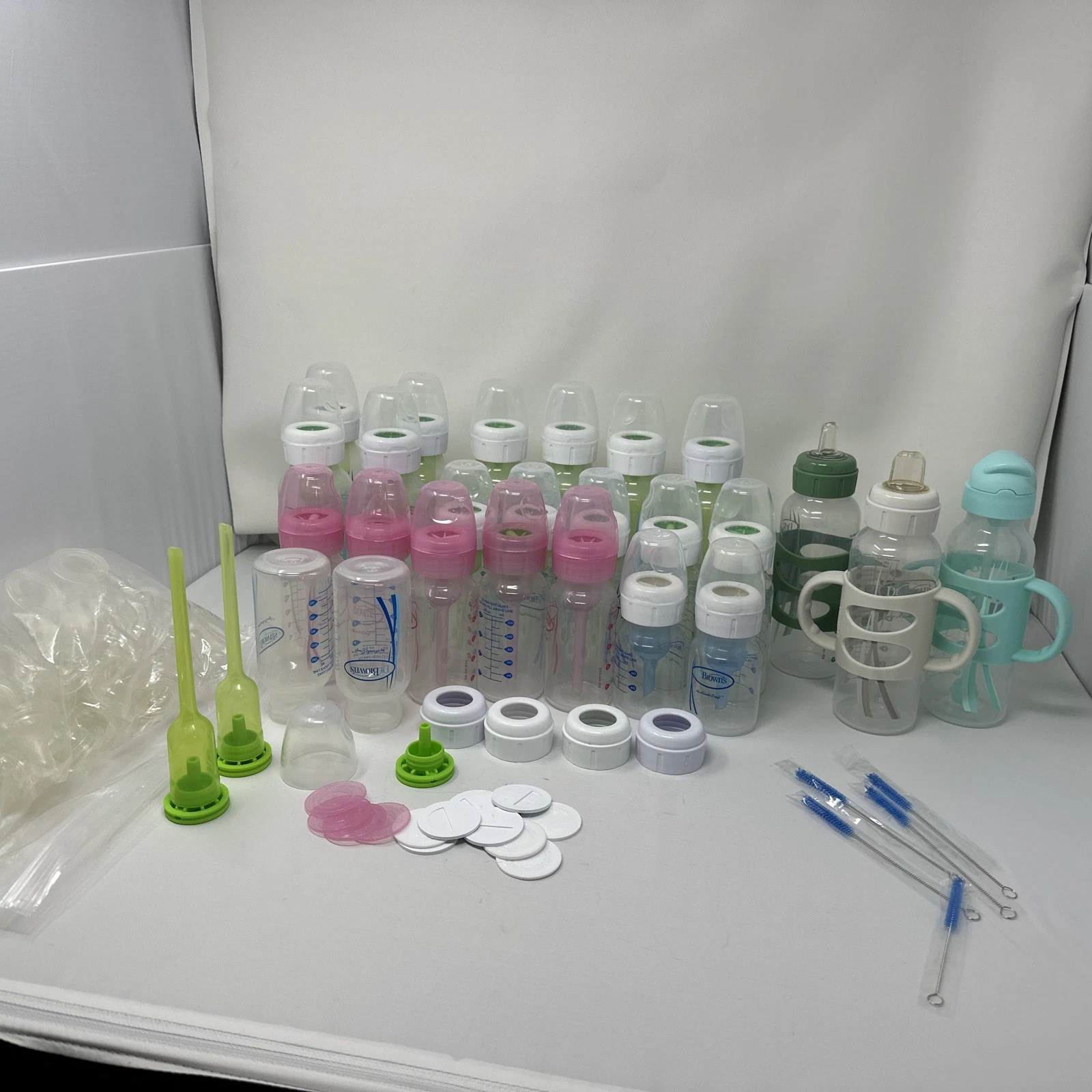 Huge Lot Of Dr Brown's 23 Complete Bottles Nipples Caps Sippers Plus Extras